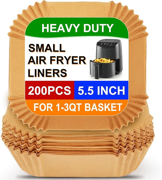 BYKITCHEN Small Air Fryer Liners for 1 to 3 QT Airfryer, Set of 200, 5.5in Mini Air Fryer Parchment Paper, Compatible with CHEFMAN 2 Quart, Cosori 2.1QT, Dash 2.6Qt, Instant Pot Vortex 2QT Airfryer