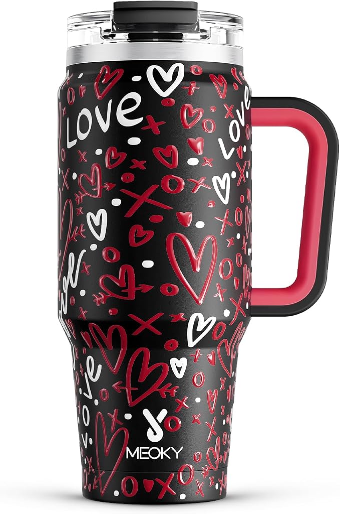 Meoky 32 oz Tumbler with Handle, Insulated Tumbler with Lid and Straw, Stainless Steel Travel Mug, Keeps Cold for 24 Hours, 100% Leak Proof, Fits in Car Cup Holder (Romance)