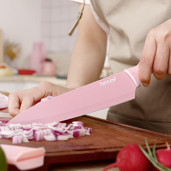 hecef Colorful Knife Set, 6 Pieces with Covers, Dishwasher Safe, Stainless Steel Colour Coded Non-Stick Cooking Knives Including Paring, Utility, Bread, Carving
