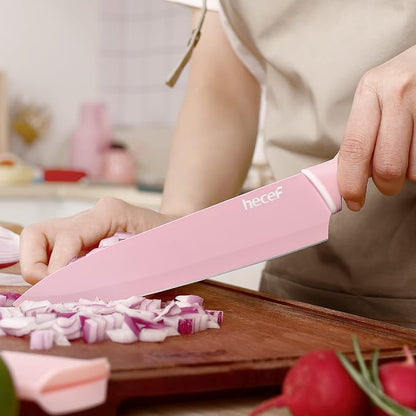 hecef Colorful Knife Set, 6 Pieces with Covers, Dishwasher Safe, Stainless Steel Colour Coded Non-Stick Cooking Knives Including Paring, Utility, Bread, Carving