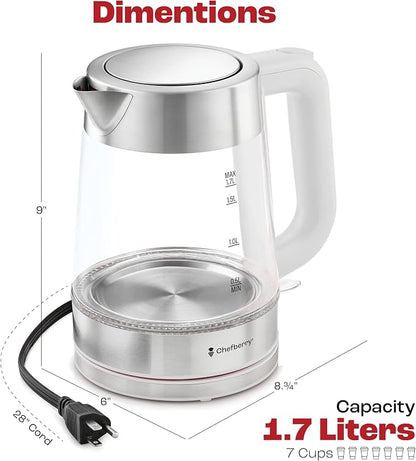 Electric Kettle for Boiling Hot Tea & Water | 1.7L Stainless Steel Borosilicate Glass Boiler With No Plastic, Automatic Shutoff, BPA Free, Fast Heating Technology (White)