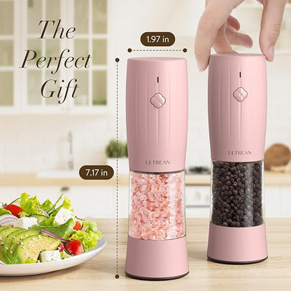 Ultrean Electric Salt and Pepper Grinder Set, USB-C Rechargeable, Salt and Pepper Shakers Spice Mill with 6 Adjustable Coarseness LED Light Larger Capacity, Kitchen Gadget, Gift for Women Mom, Pink