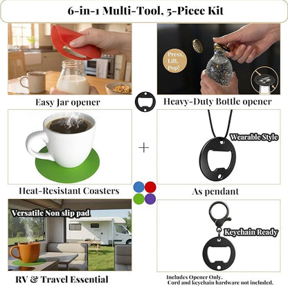 Jar Opener Set with Bottle Opener | 4 Pack Jar Gripper, Rubber Non Slip Pad & Coasters, 1 Cool Matte Black Pocket-Sized EDC Multi-Tool | Kitchen Gadgets, Gifts for Seniors with Arthritis & Weak Hands