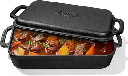 9x13" Casserole Dishes for Oven with Lids - 2-In-1 Pre-Seasoned Cast Iron Baking Dish for Lasagna, Sourdough Bread