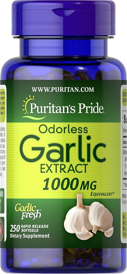 Puritan's Pride Premium Odorless Garlic Fresh 10 mg, Herb Dietary Supplement for Heart Health and Circulation Support with Antioxidant Properties, 250 Rapid Release Softgels