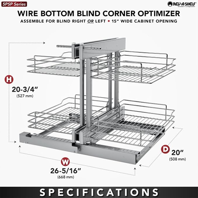 Rev-A-Shelf Chrome Two-Tier Wire Bottom Pullout Organizer for Blind Corner Base Kitchen Cabinets, Adjustable 4-Basket Storage System, Min Opening Width of 15", 5PSP-15-CR