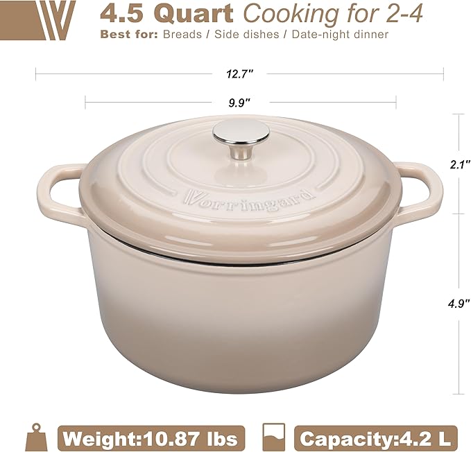 VORRINGARD Enameled Cast Iron Dutch Oven Pot with Lid, for Sourdough Bread Baking, Round Dutch Ovens, 4.5 Quart, Latte