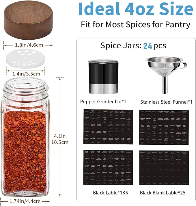 Yangbaga Glass Spice Containers for Kitchen: 24p 4oz Durable Glass Dishwasher Safe Jars for Cooking Enthusiasts- Airtight Acacia lid 500X Open-Close no Loose - Gift/Daily Use for Housewives