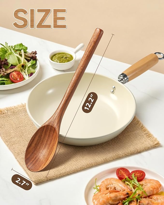 MORGLES 2PCS Wooden Cooking Spoons, 12 Inch Acacia Wood, Handcrafted, Non-Scratch for Nonstick Cookware, Heat Resistant Utensils