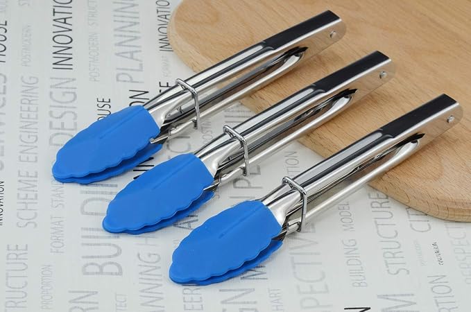HINMAY Small Tongs with Silicone Tips 7-Inch Serving Tongs, Set of 3 (Blue)