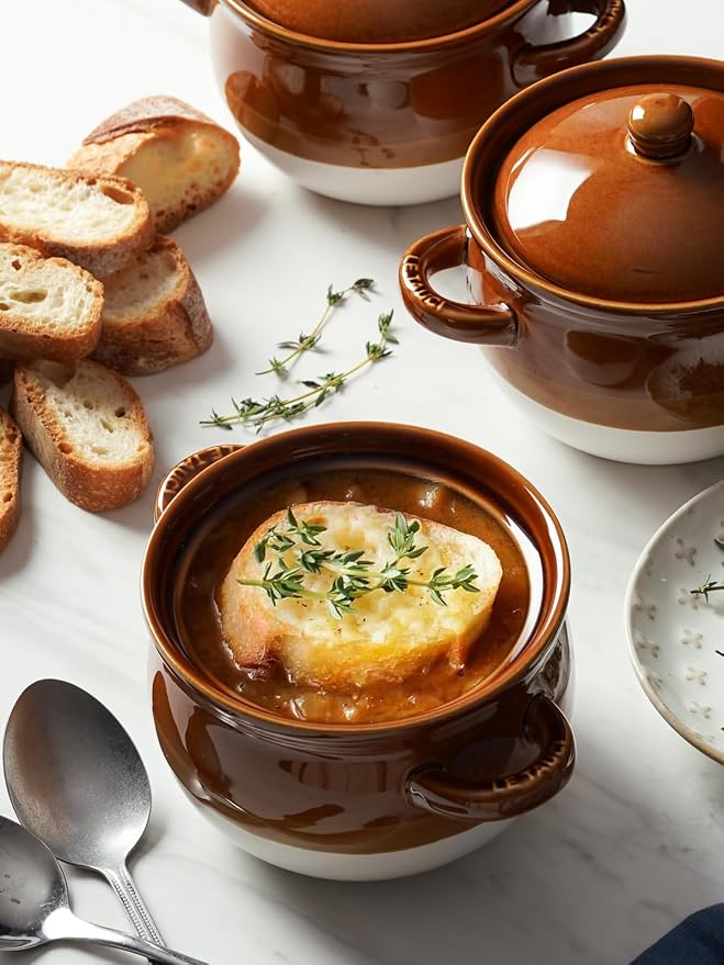 LE TAUCI French Onion Soup Bowls with Lid, 22 Oz French Onion Soup Crocks Oven Safe Ceramic Soup Bowls with Handles for Soup, Chili, Beef Stew, Cereal, Pot Pies, Set of 4