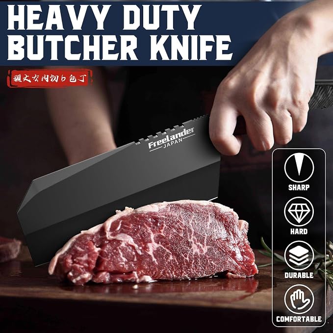 Freelander 3PCS Butcher Knife Set for Meat Cutting, Sharp Chef Knife Set Dishwasher Safe with Roll Bag, Full Tang BBQ Knifes with Leather Sheath, Gifts for Men Women