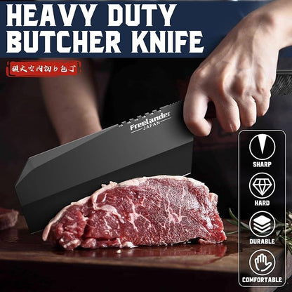 Freelander 3PCS Butcher Knife Set for Meat Cutting, Sharp Chef Knife Set Dishwasher Safe with Roll Bag, Full Tang BBQ Knifes with Leather Sheath, Gifts for Men Women