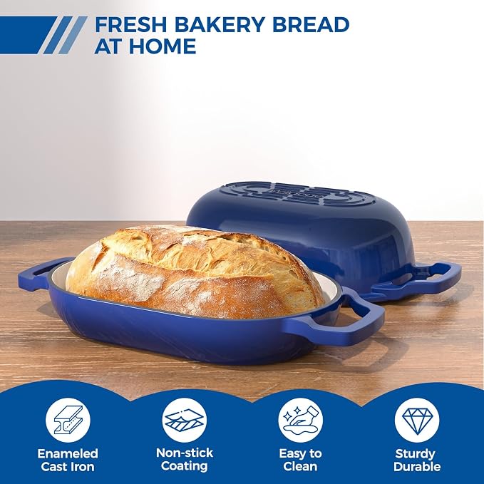 Enameled Cast Iron Dutch Oven Pot with Lid, Wildone 5.5QT Bread Oven for Homemade Sourdough Bread Baking with Cotton Potholders, Oven Safe up to 500°F, Blue