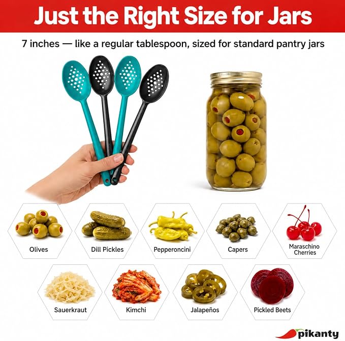 Olive and Pickle Spoon Set of 4, 7-Inch Small Slotted Serving Utensils for Jars, Teal and Black, Perfect for Olives, Pickles, Capers, Pepperoncini, Cherries, Dishwasher Safe, Made in USA by Pikanty