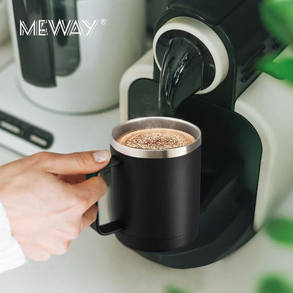 MEWAY 12oz Coffee Mug With Handle and Sliding Lid,Stainless Steel Travel Tumbler Cup with Handle,Double Wall Vacuum Insulated Camping Cup for Hot & Cold Drinks Tea (Black,Set of 1