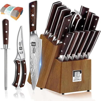 17-Pack kitchen knife set, wooden blocks,sharp high carbon stainless steel blades,hardwood handles,Sharpener,chicken bone clipper,microfiber towels,gift packaging,for families, restaurants, chefs.