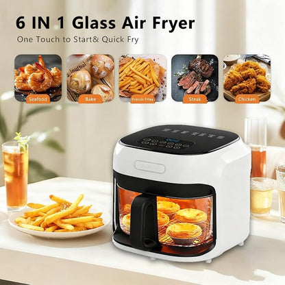 7.3QT Glass Air Fryer with See-Through Bowl, 360° Hot Air Circulation, 5 Presets, 1200W Fast Heating, Dishwasher Safe (White)