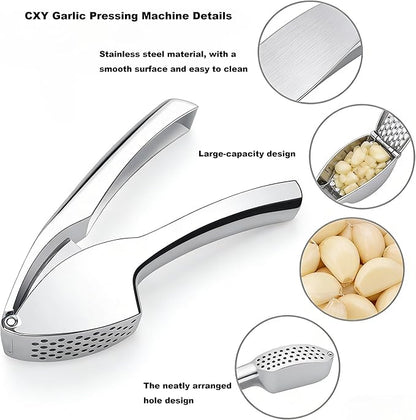 Garlic Press, Stainless Steel Garlic Crusher with Soft Ergonomic Handle, Rust-Proof Garlic Mincer Tool, Dishwasher Safe, Includes Silicone Garlic Peeler & Cleaning Brush