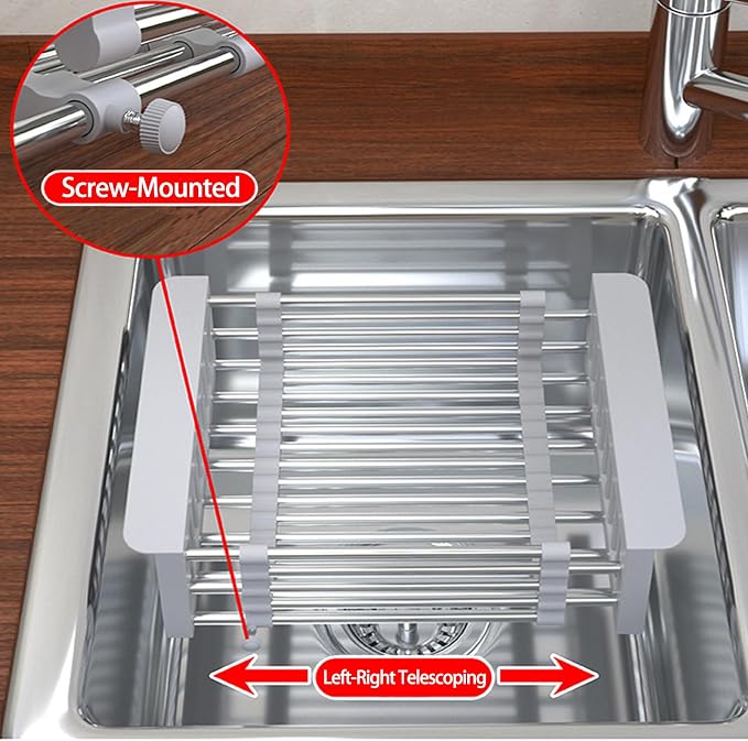 Dish Drying Rack, Adjustable Stainless Steel Drainer Basket Drain Tray for Dishes, Vegetables, and Fruit, On or in Sink Kitchen Basket Dish Drying Rack-Grey