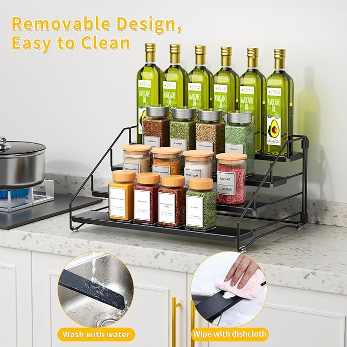 RCHYFEED Spice Rack Organizer for Cabinet Pantry,4 Tier Spice Rack Countertop, Depth Adjustable Spice Organization for Cabinet,Tierd Seasoning Organizer for Cabinet(Black, 1Pack) | for Cabinet Pantry