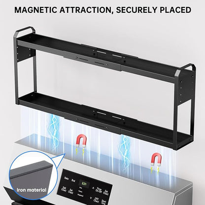 2 Tier Magnetic Over the Stove Shelf, Expandable Metal Spice Rack Organizer for Flat Top Gas Stove, Over Oven Storage for Seasonings, Oil Bottles, Spice Jars and Kitchen Essentials, Black