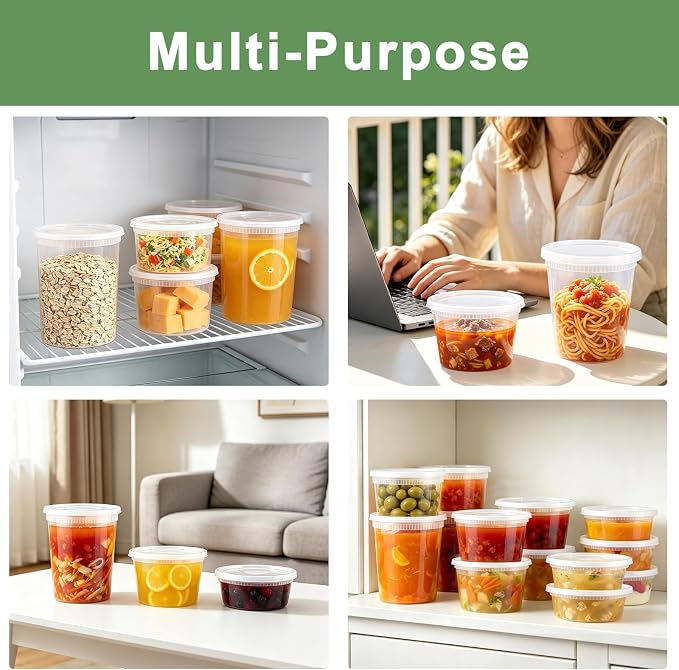 Lamosi Deli Containers with Lids 48 Sets, 32/16/8 oz X 16 Set Each, BPA Free & Airtight Plastic Food Containers with Lids for Soup and Takeout Meal Prep Storage, Freezer, Microwave & Dishwasher Safe