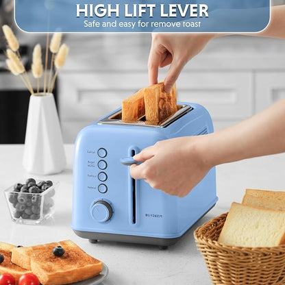 BUYDEEM DT620 2-Slice Toaster, 7 Shade Settings, Extra Wide 1.5'' Slots for Bagel & English Muffin, 6 Toasting Functions, Retro Stainless Steel Toaster with High Lift Lever, Blue