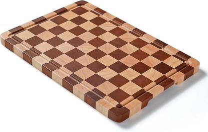 WILLKOMMEN Checkered Cutting Board for Kitchen– Wood Checkerboard Chopping Board Wooden Checker End Grain Cooking Board with Juice Groove & Handle Serving Board for Meat,Fruit,Bread,Vegetable