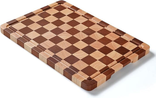WILLKOMMEN Checkered Cutting Board for Kitchen– Wood Checkerboard Chopping Board Wooden Checker End Grain Cooking Board with Juice Groove & Handle Serving Board for Meat,Fruit,Bread,Vegetable