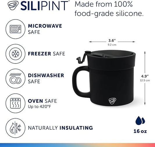 Silipint 16oz Silicone Coffee Mug Tumbler with Flip Lid – Unbreakable Dishwasher Safe Microwave Oven & Freezer Compatible – Cup for Coffee Tea or Cold Drinks (Classic Black) Pack of 1