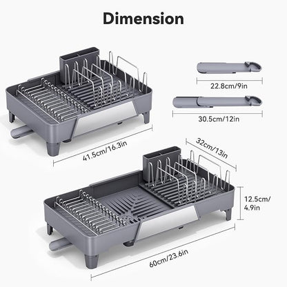 Urackify Large Dish Drying Rack - Expandable Dish Rack for Kitchen Counter, Multifunctional Dish Drainer with Drainboard & Utensil Holder, Anti-Rust, Fits Any Sink, Extendable 16.3" to 23.6" L, Gray