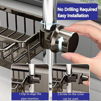 Kitchen Sink Faucet Organizer Multifunction Sponge Holder Organizer Sink Drain Holder Over Faucet Kitchen Sink Caddy with Hook Adjustable for 0.7-1.1inch Round Water Pipe (Silver, S)
