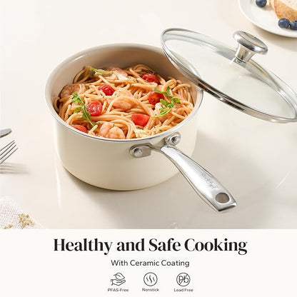Redchef Ceramic Sauce Pan with Lid, 1.8QT Small Saucepan, Nonstick Cooking Pot with Stay-Cool Handle, Kitchen Non Toxic Soup Pot, PTFE & PFOA Free, Oven Dishwasher Safe, Compatible All Stovetops-Beige