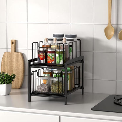 NPPLUS 2-Tier Under Sink Organzier: Iron Under Sink Cabinet Organizers With Sliding Drawer - Pull Out Home Storage For Bathroom Kitchen Desktop (Black)
