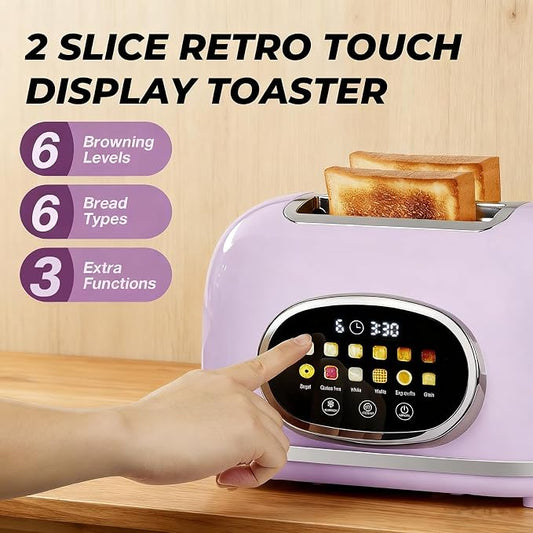 Roter Mond 2 Slice Toaster Smart Touch Screen, Retro Stainless Steel Bread Toaster with Digital Timer, Sleep Mode, Bagel, Cancel, and Defrost Functions, 6 Bread Types and Shade Settings, Light Purple