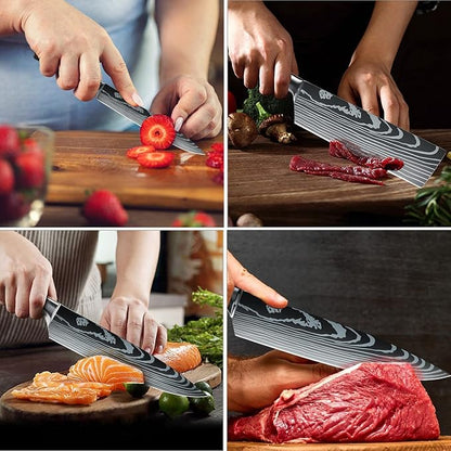Majesty Series 8pc Damascus-Pattern Kitchen Knife Set - Ultra-Sharp Laser-Etched Pattern, Pakkawood Handles, Razor-Sharp Stainless Steel, Premium Gift Box
