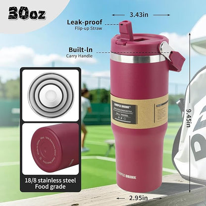30oz Flip Straw Insulated Water Bottle with Handle, Leak Proof Stainless Steel Travel Tumbler With Lid, Double Wall Vacuum Iced Coffee Travel Mug, Sport Cup, Outside use