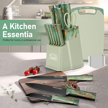 16-Piece Kitchen Knife Block Set with Cutting Board - German Stainless Steel Knives, Built-In Sharpener, Dishwasher Safe, Anti-Slip Handle - All-in-One Cutlery Set for Home/Kitchen (Cyan)