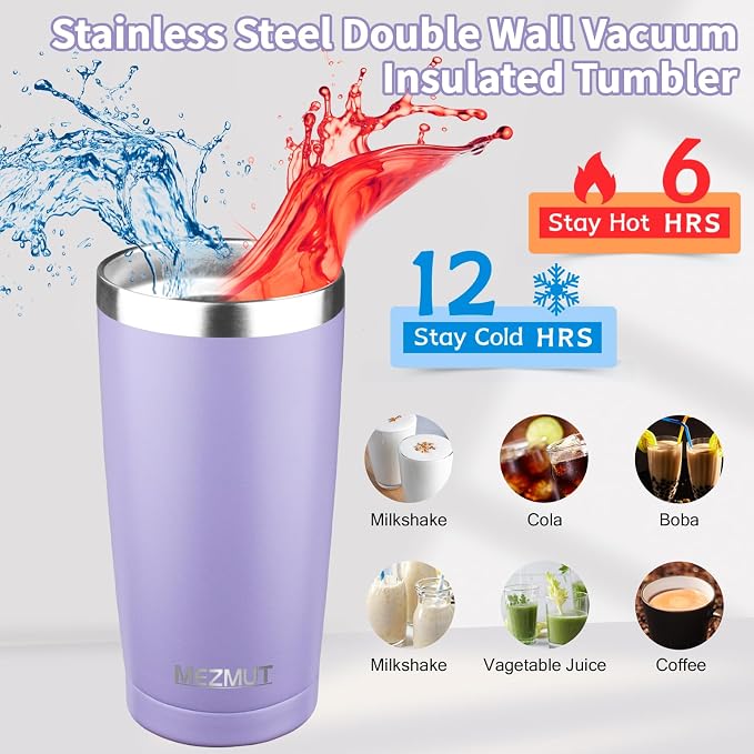 MEZMUT 20oz Tumbler Coffee Travel Mug with Lid and Straw, 4 Pack Stainless Steel Double Wall Vacuum Spill Proof Insulated Tumbler, Hot or Iced Coffee Cups for Drinks (4Pcs, Light Purple)