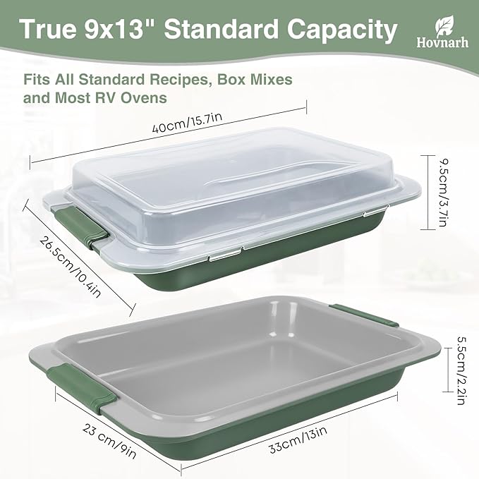 9x13 Baking Pan with Lid, Deep 13x9 Covered Cake Pan, Nonstick with Silicone Handles, Warp-Resistant Green Baking Pan for Storage, Transport, Potlucks & Meal Prep