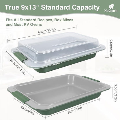 9x13 Baking Pan with Lid, Deep 13x9 Covered Cake Pan, Nonstick with Silicone Handles, Warp-Resistant Green Baking Pan for Storage, Transport, Potlucks & Meal Prep