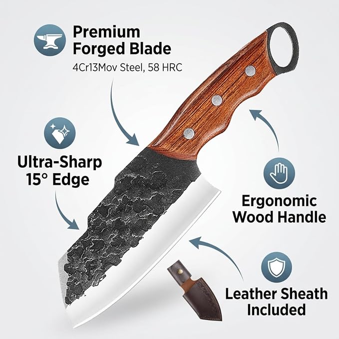 KOFERY Hand Forged Serbian Butcher Knife with Full Tang 4Cr13MoV Steel, Viking Meat Cleaver for Butchering, Camp Cooking and BBQ, Includes Leather Sheath & Pocket Sharpener