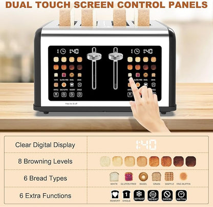 4 Slice Toaster Touch Screen, Stainless Steel Toasters Digital Timer, Dual Control Panel Toasters, 8 Shade Settings 6 Bread Types for Bagel, Cancel, Defrost 1650W Black