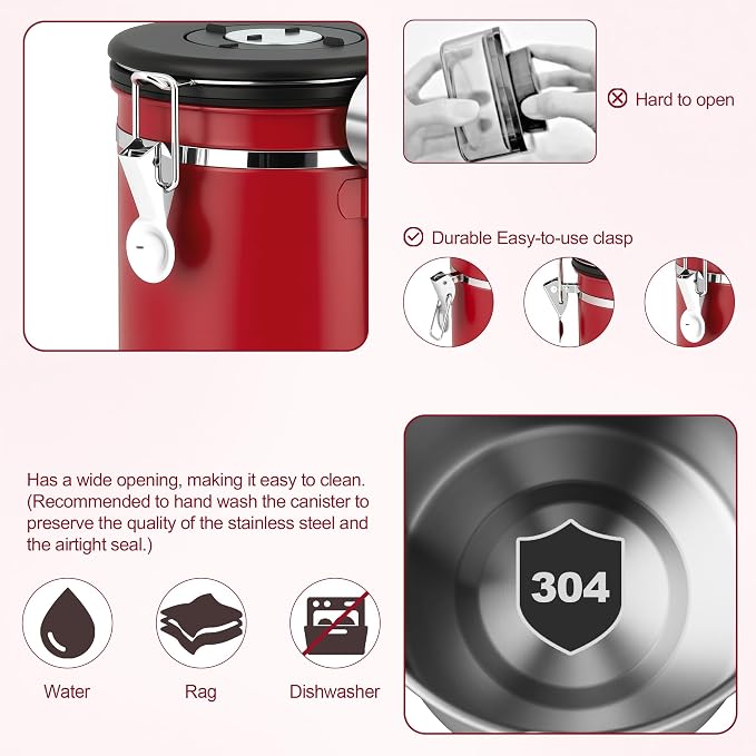 ShanSon Coffee Canister Airtight, Stainless Steel Bean Storage Container with Date Tracker & Scoop, Grounds Sugar Flour Tea Cereal Fits Kitchen Pantry, Ideal Gift for Coffee Lovers,16oz,Red