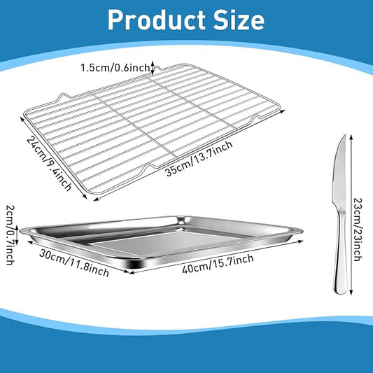4 PCS Stainless Steel Baking Sheet Set,16 X 12 In Baking Pan (2 Sheets + 2 Racks) with Stainless Steel Fork,Spoon and Knife,Rust Baking Tray Pan for Kitchen Oven,Easy Clean&Durable