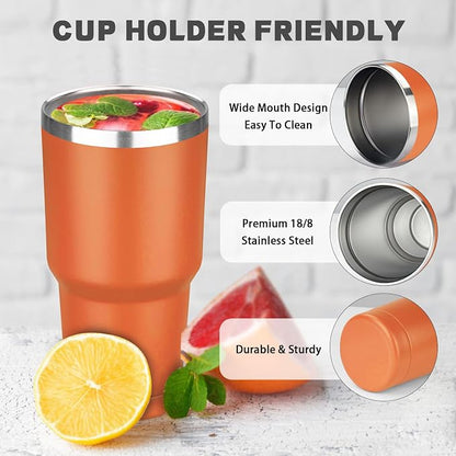 30 oz Tumbler with Lids and Straws, Stainless Steel Insulated Coffee Tumbler, Double Wall Vacuum Insulated Travel Mug Cup, Leakproof Thermal Coffee Cup for Hot and Cold Drinks (Orange)