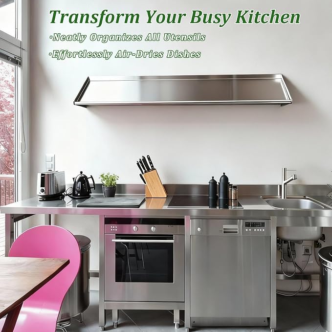 63" x 22.5" Stainless Steel Wall Mounted Dish Drying Slanted Rack with Drain Outlet for Peg Dish Rack Commercial Shelves Metal Shelving for Kitchen Bar Restaurant