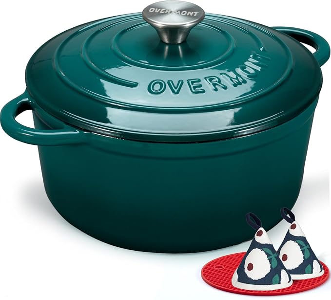 Overmont Enameled Cast Iron Dutch Oven - 4.5QT Pot with Lid Cookbook & Cotton Potholders - Heavy-Duty Cookware for Braising, Stews, Roasting, Sourdough Baking bottle green
