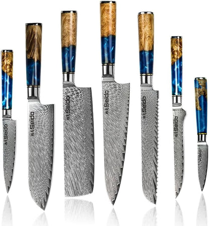Seido Knives 7-Piece Executive Damascus Steel Knife Set with Japanese VG-10 Super Steel Core - Home Kitchen Knife Set - Professional Design Handle Blue Resin Epoxy and Strong Stabilized Wood